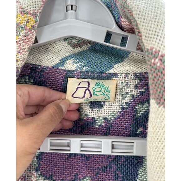 Vintage All in the Bag Coat tapestry blanket fringe 90s cherub open front size L - Picture 6 of 10